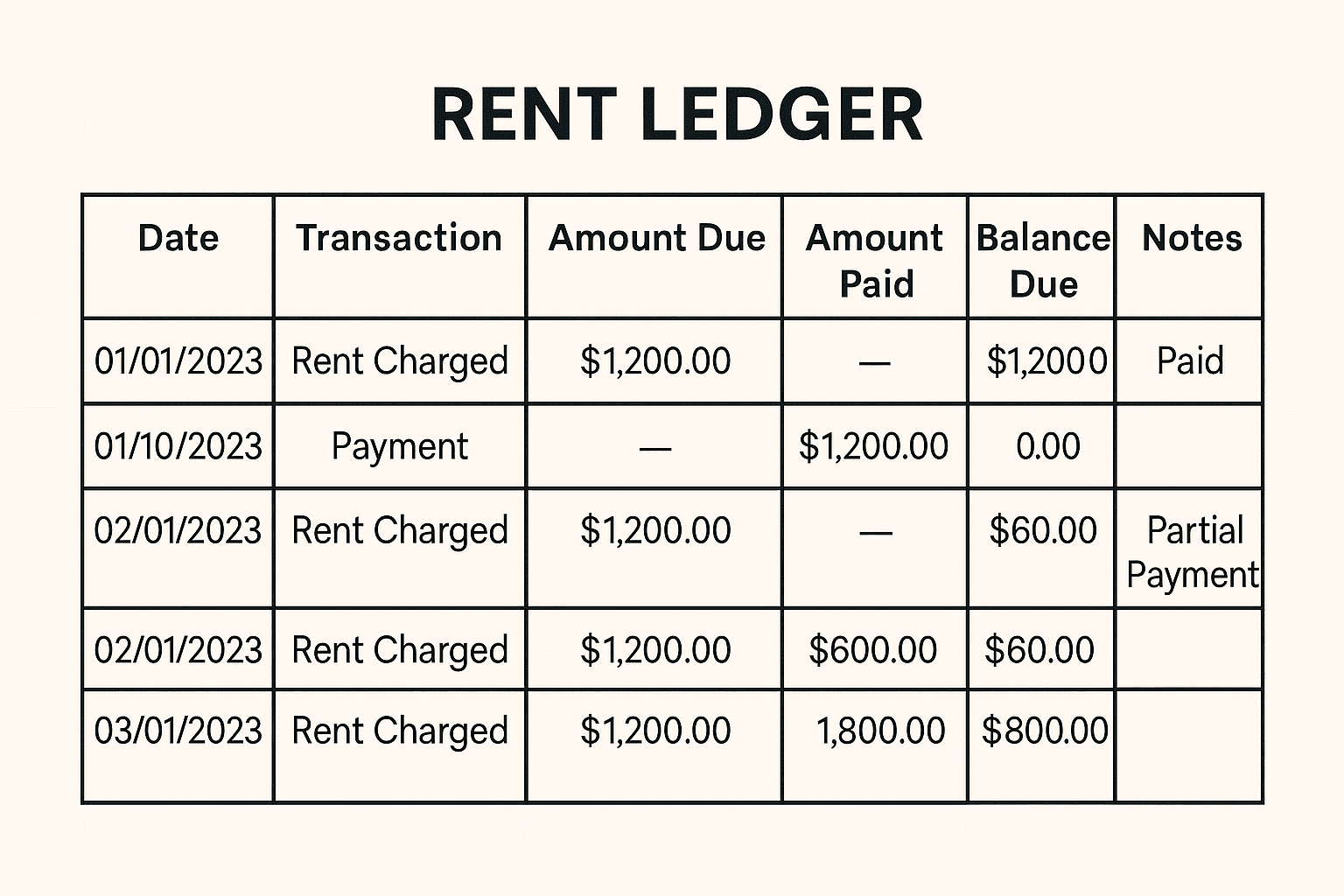 Example rent ledger table with dates, rent, payments, and running balance