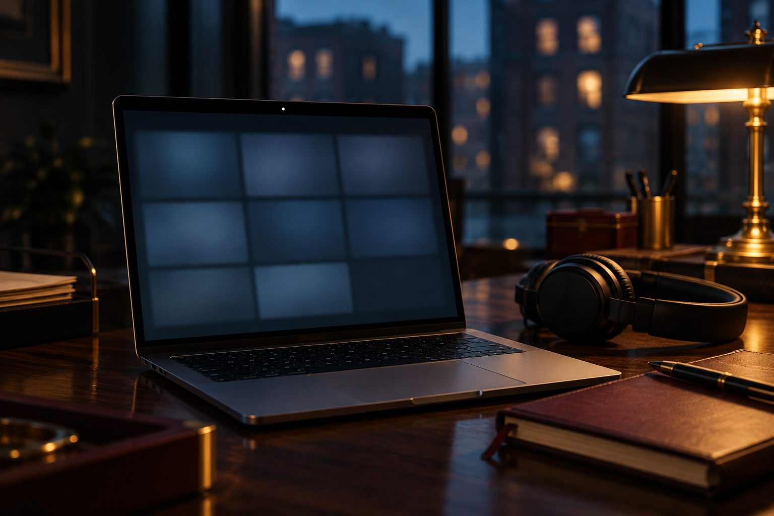 Laptop on a law office desk at dusk, ready to join an online LTB hearing