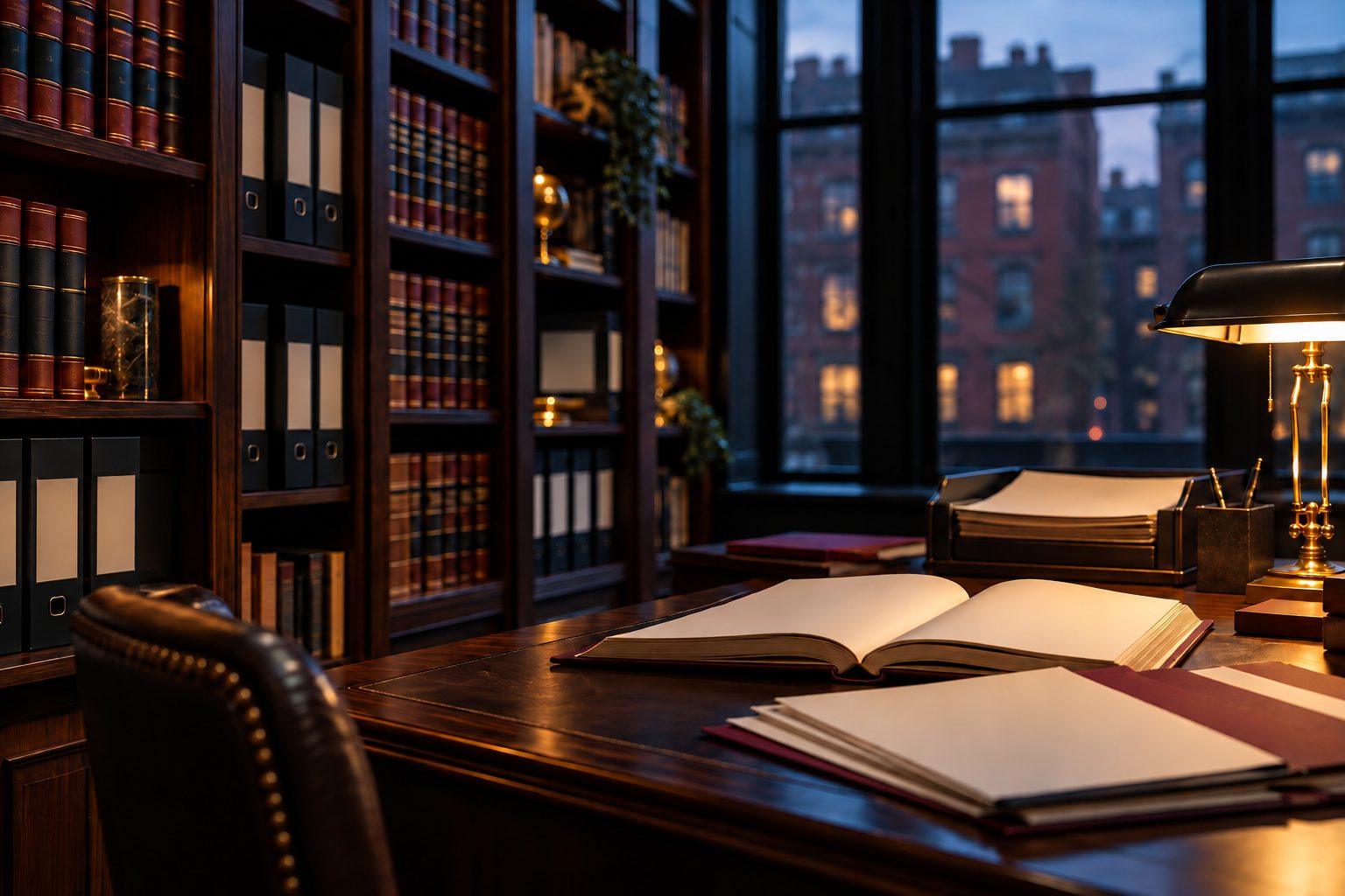 Legal reference library with LTB forms on a reading desk